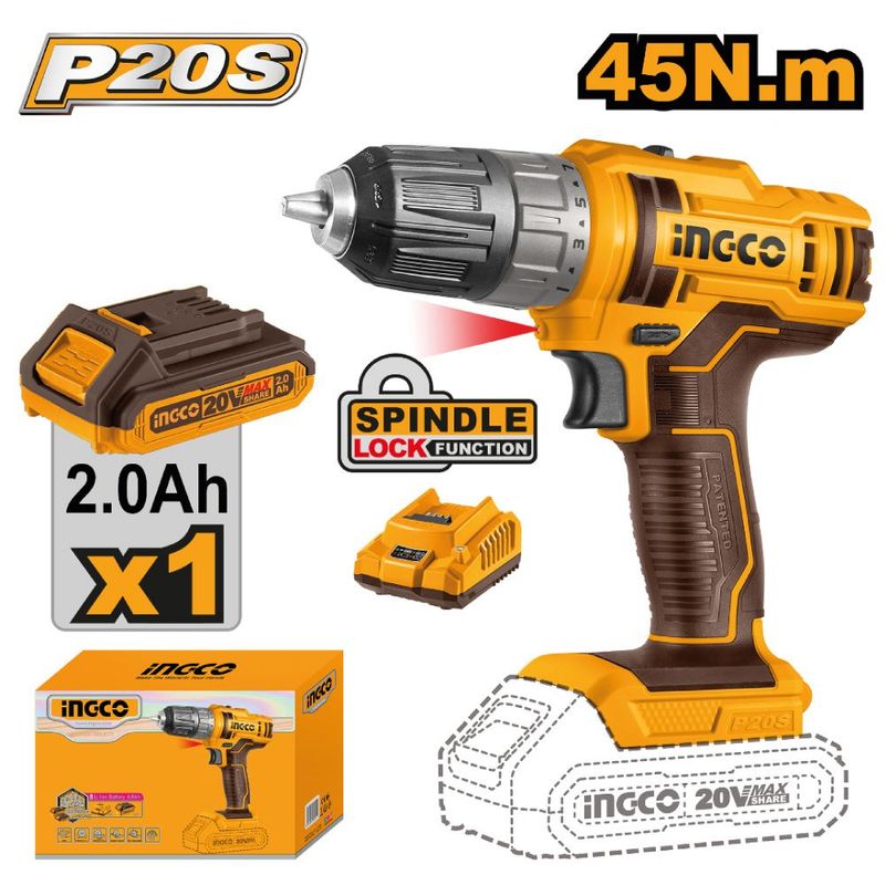 INGCO TOOLS - Taladro Atornillador Inalámbrico INGCO 20V  CDLI200518