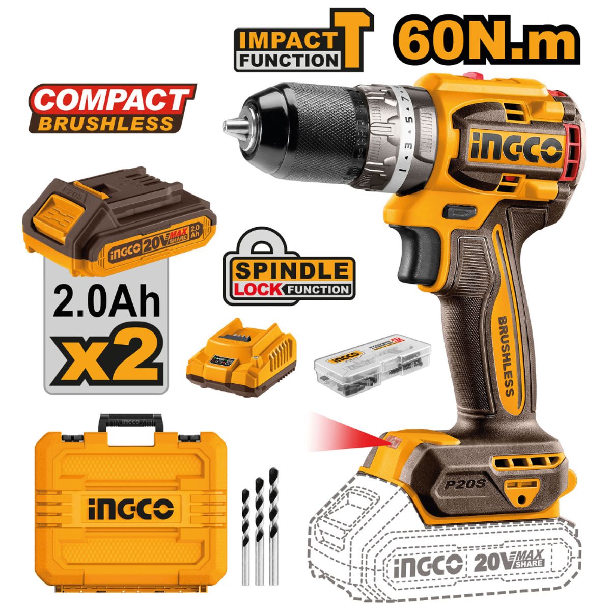 INGCO TOOLS - Taladro Percutor Brushless Chuck Metálico INGCO 20V CIDLI20602