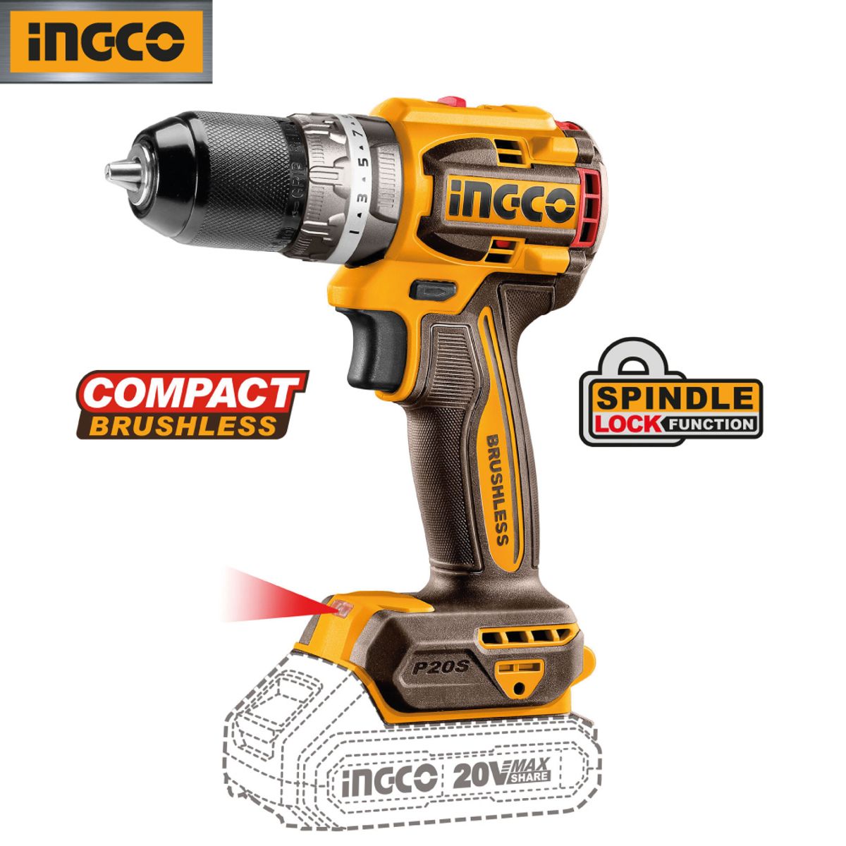 INGCO TOOLS - Taladro Percutor Brushless Chuck Metálico INGCO 20V CIDLI20602
