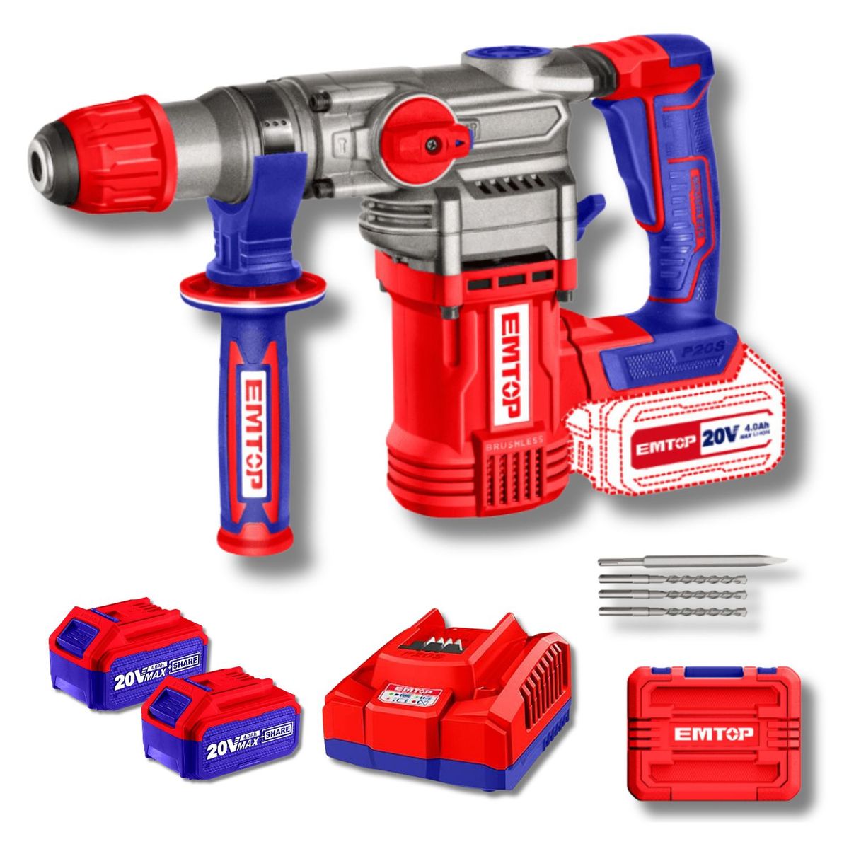 EMTOP - Rotomartillo SDS Plus 4.5 Joules + 2 baterias 4ah Emtop