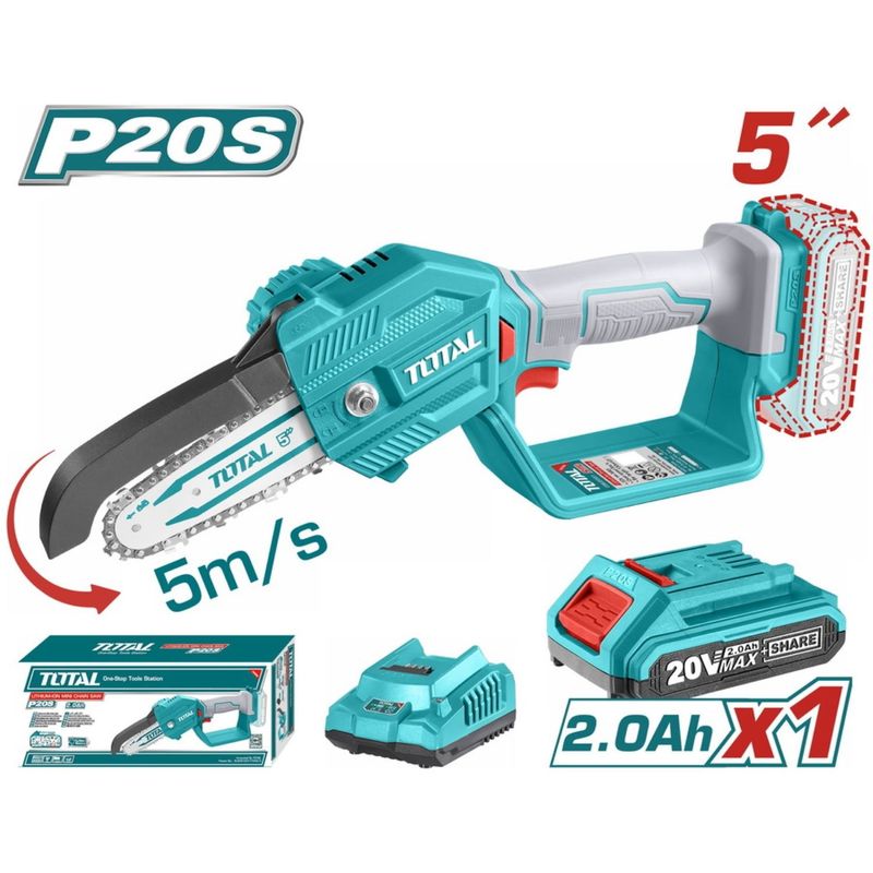 TOTAL TOOLS - MINI MOTOSIERRA  5 PULGADAS CON BATERÍA y CARGADOR TOTAL