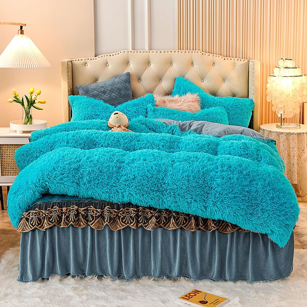 GENERICO - EDREDÓN PIEL DE OSO DOS PLAZAS  + 2 FUNDAS DE ALMOHADA TURQUEZA