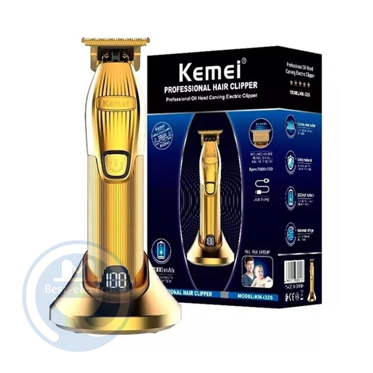 KEMEI - Trimmer Kemei KM-I32S con Base de Carga Dorado