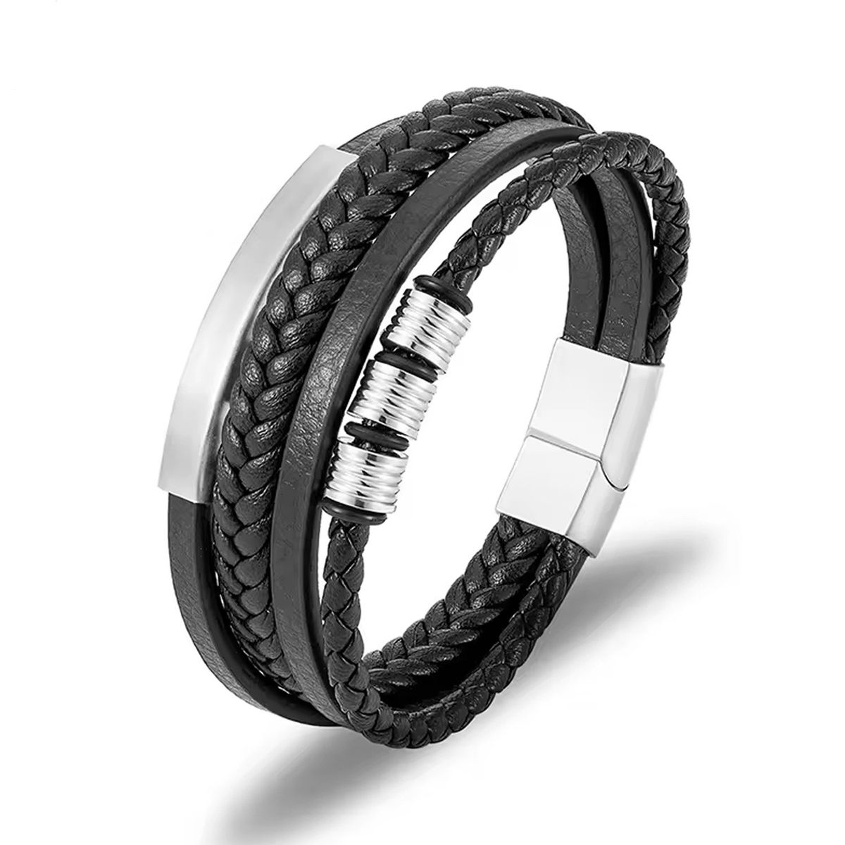 GENERICO - PULSERA HOMBRE CUERO MODA ELEGANTE NEGRO PLATEADO