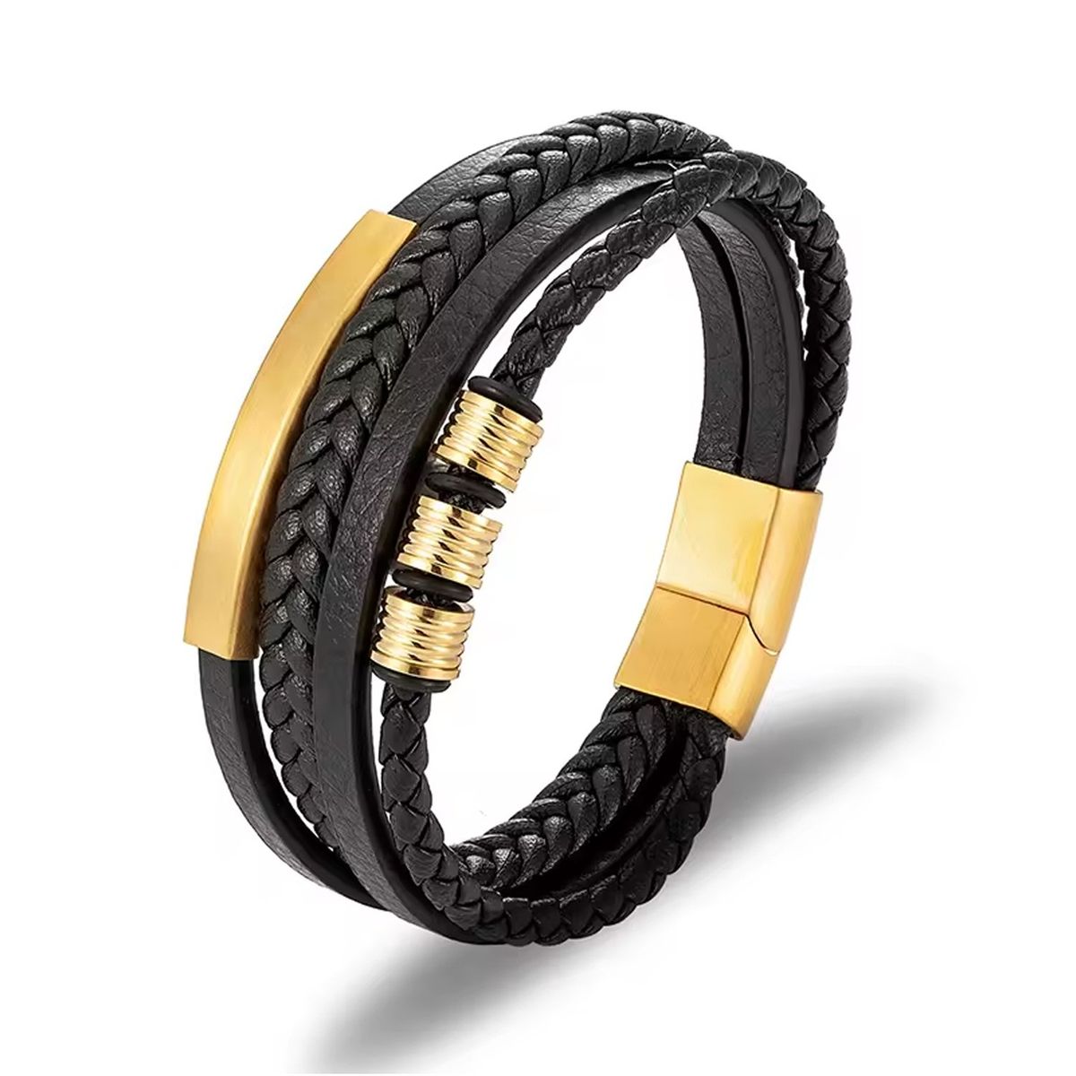 GENERICO - PULSERA HOMBRE CUERO MODA ELEGANTE NEGRO DORADO