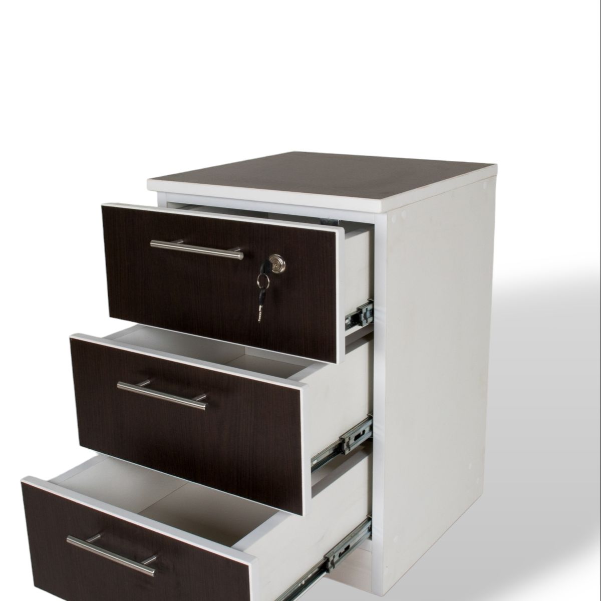 MUEBLES MACRUMO - Veladores 3 Cajones + Cerradura. Color Wengue (Set x2)