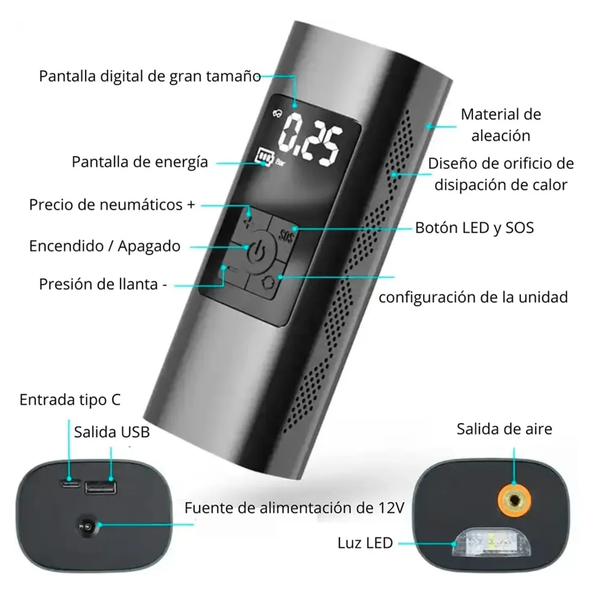 SEISA - Compresor de Aire Portátil  Inflador de Llantas Multifuncional AF-C04