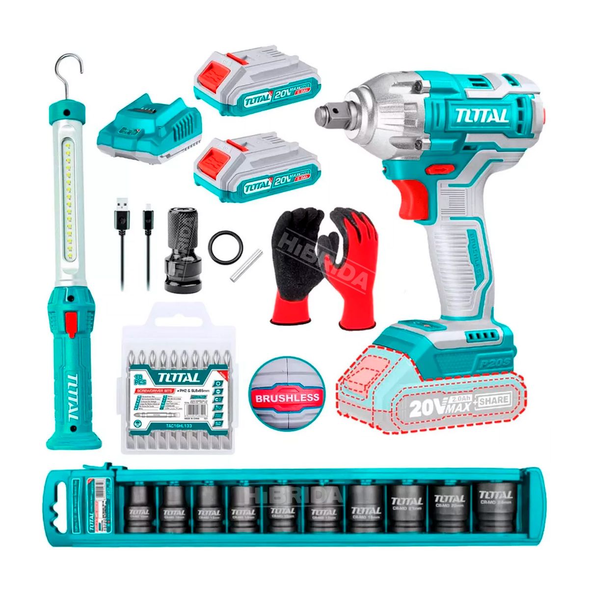 TOTAL TOOLS - LLAVE DE IMPACTO 20V MÁS LÁMPARA DADOS PUNTAS TOTAL 2 BATERÍAS - COMBO