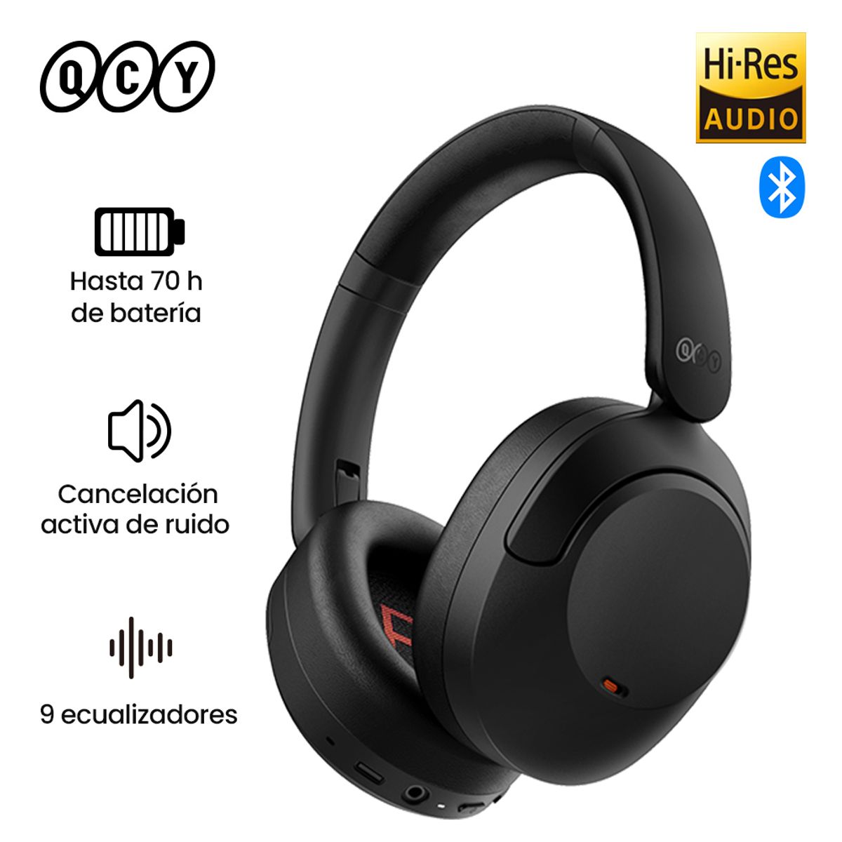 QCY - Audifonos Bluetooth QCY H4 Over-Ear ANC Hi-Res 70h Batería Negro