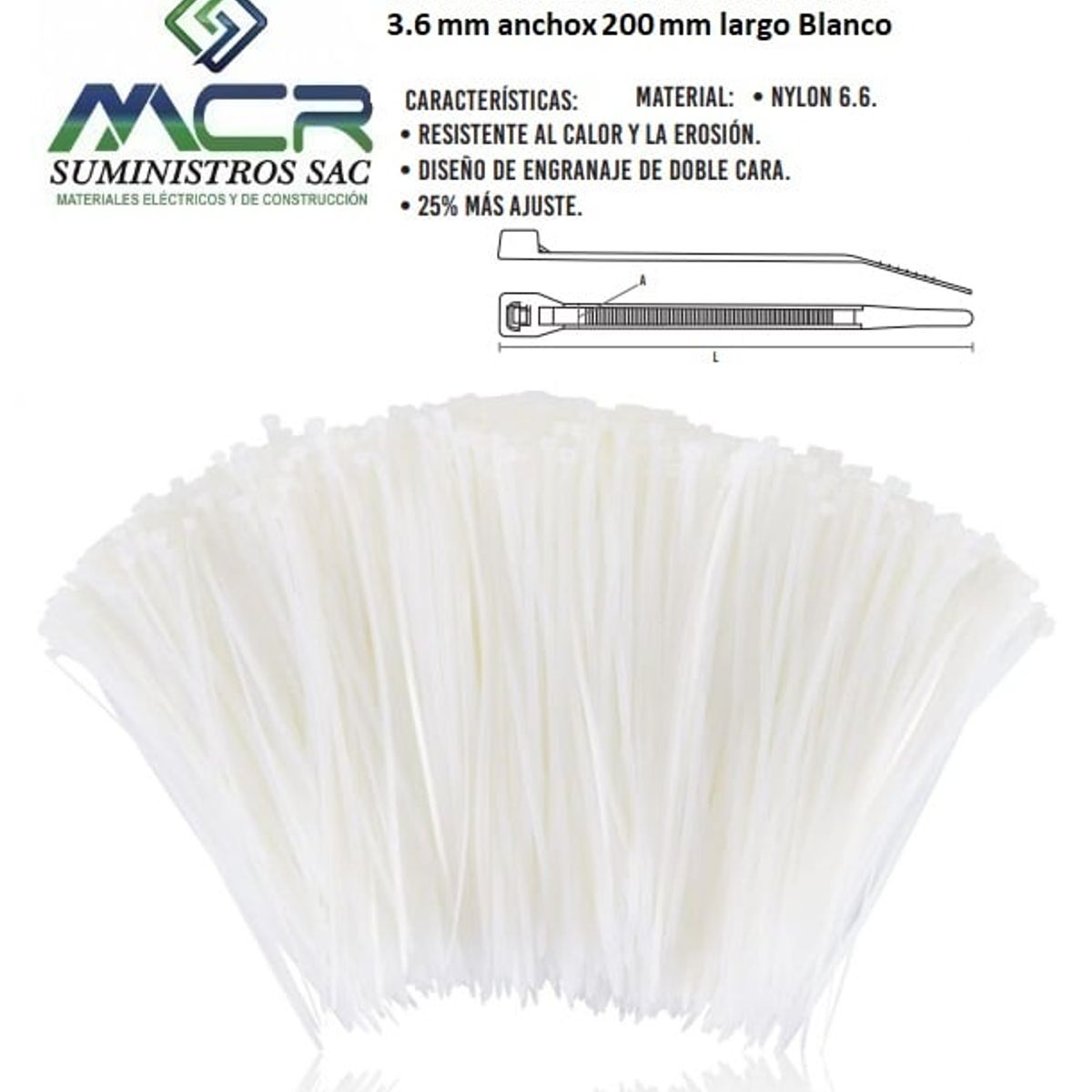 GENERICO - AMARRA CABLE CINTILLO DE 3.6 MM DE ANCHO X 200 MM DE LARGO BLANCO