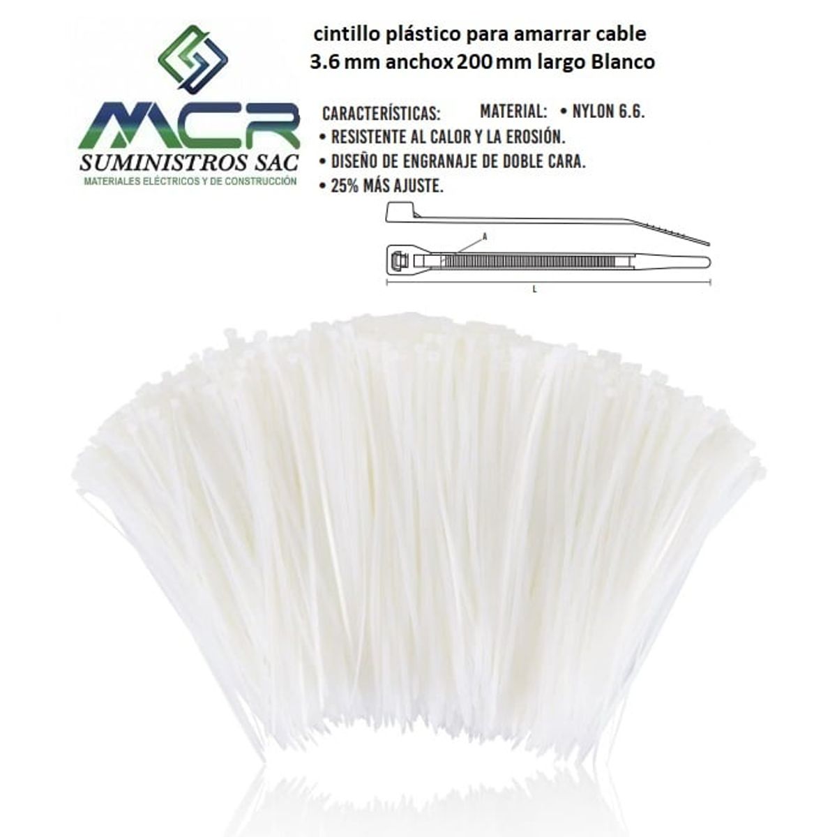 GENERICO - AMARRA CABLE CINTILLO DE 3.6 MM DE ANCHO X 200 MM DE LARGO BLANCO