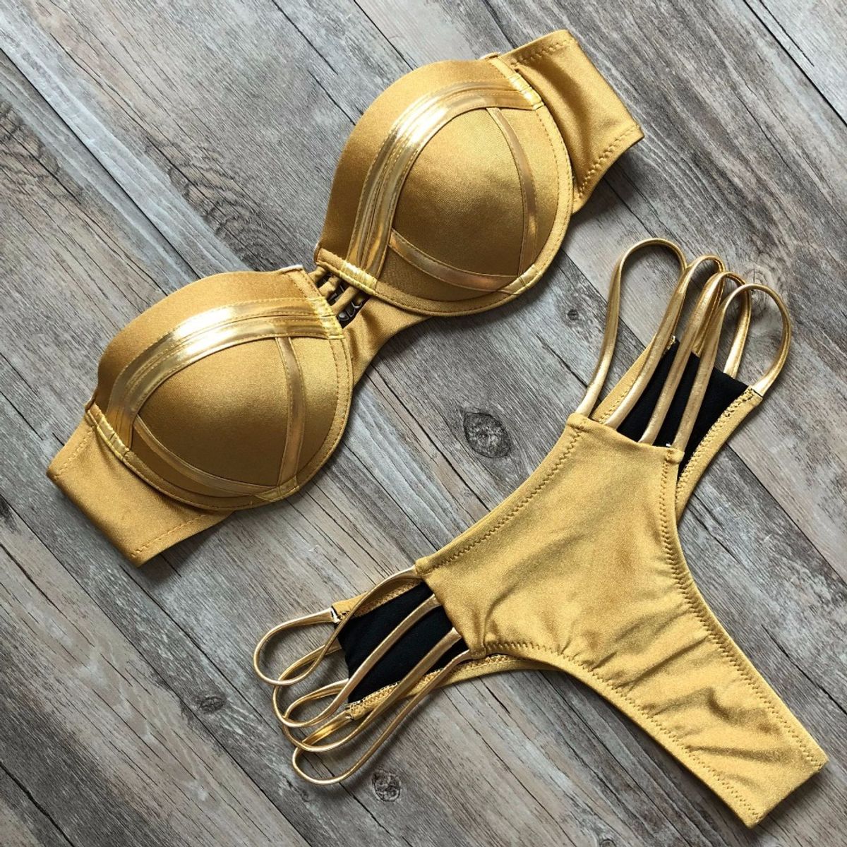 GENERICO - Bikini Brasileño Hot Push-Up Dorado Mujer Ropa de Baño Playa Genieka