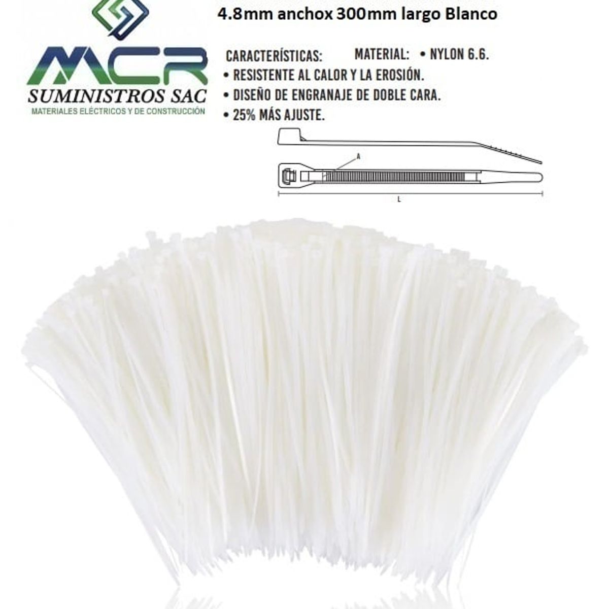 GENERICO - AMARRA CABLE CINTILLO DE 4.8 MM DE ANCHO X 300 MM DE LARGO BLANCO