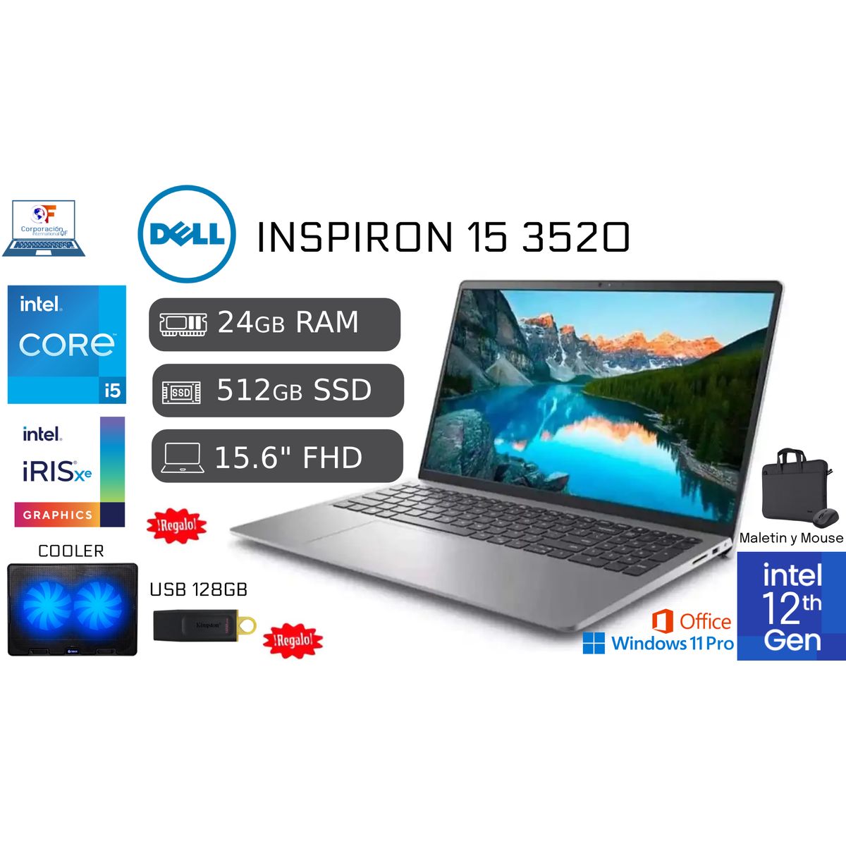 DELL - Laptop Dell 15 3520 Intel Core I5 12va 32GB RAM 1TB SSD 15.6 FHD + USB 128GB + COOLER