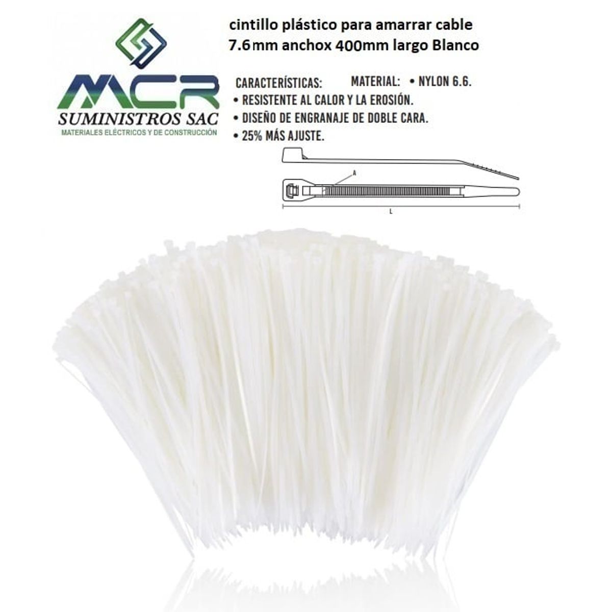 GENERICO - AMARRA CABLE CINTILLO DE 7,6 MM DE ANCHO X 400MM DE LARGO BLANCO