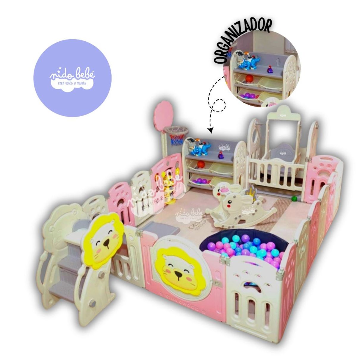 GENERICO - CORRAL PLEGABLE DE LEON Premium con organizador rosado