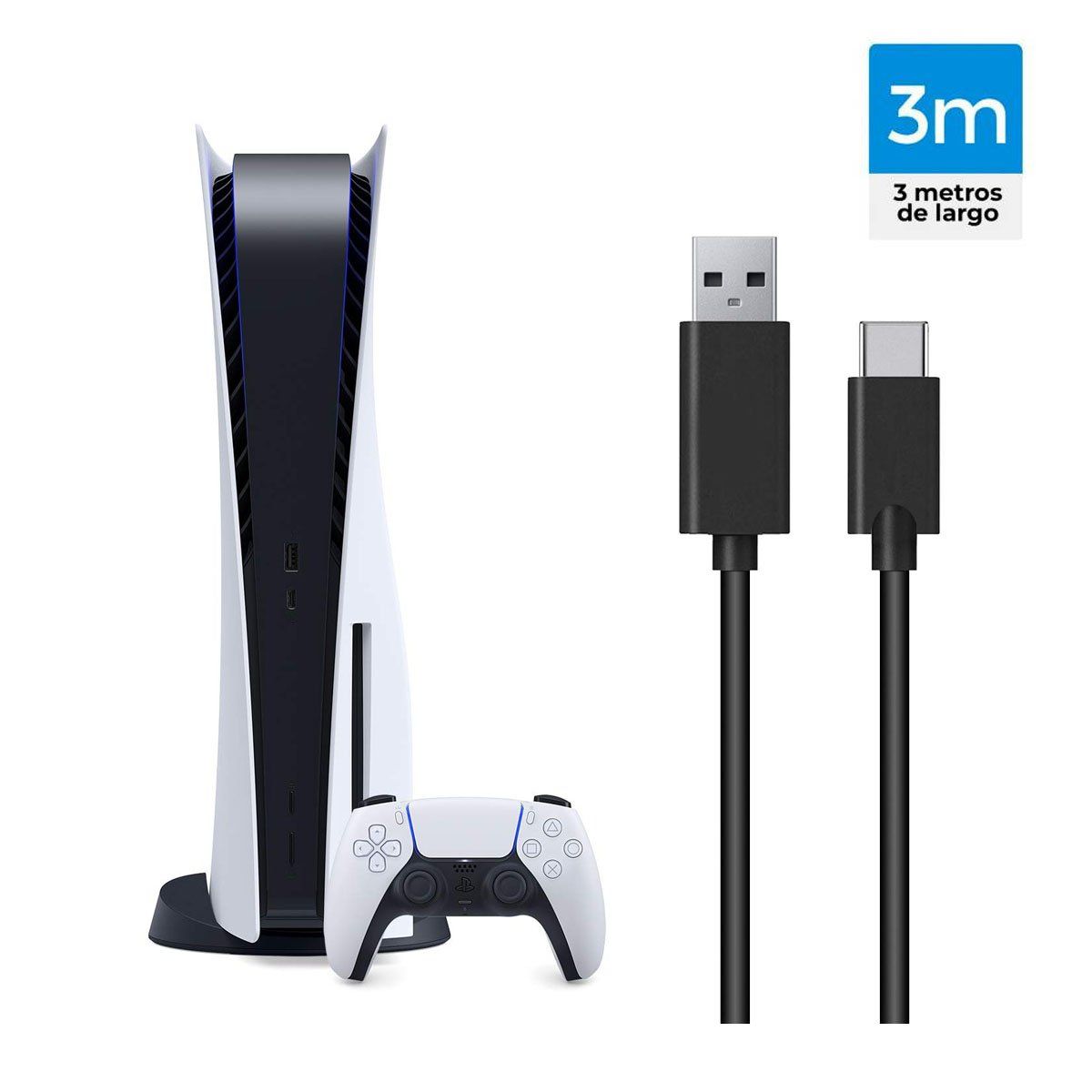 SEISA - Cable de Carga y Datos 3 Metros para Mando PS5, Xbox X/S, Switch.