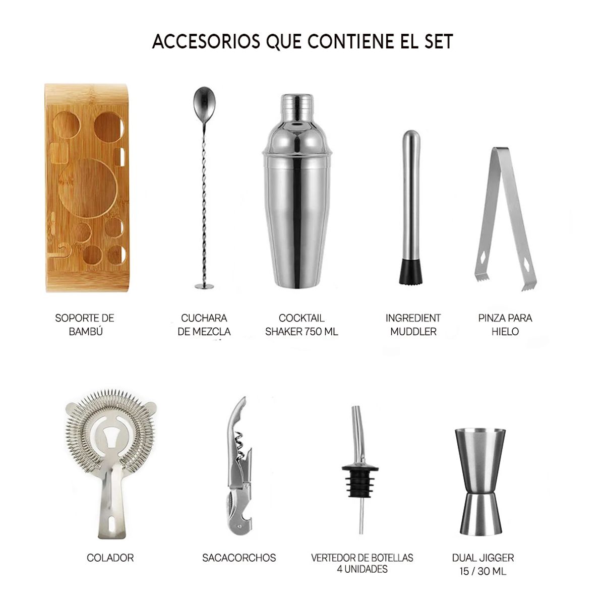 GENERICO - Set de Bar Profesional Deluxe de Acero Inoxidable x 12 Piezas