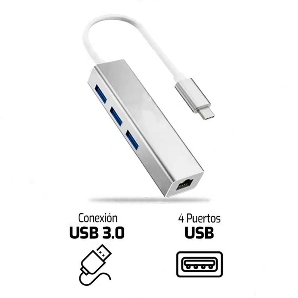 GENERICO - Hub Usb 3.0 + Rj45 Tipo C 4 Puertos Metal