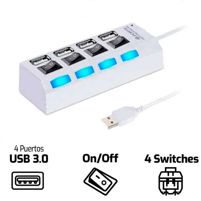 GENERICO - Hub Usb 3.0 4 Puertos Switches  Blanco