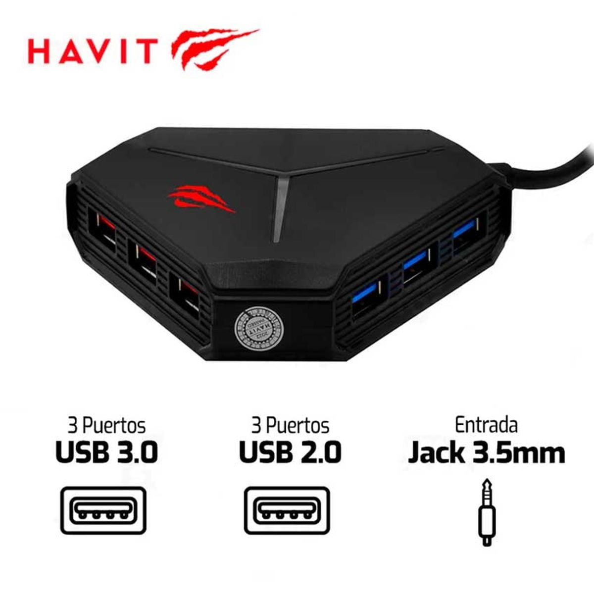 HAVIT - Hub USB HAVIT H95 3.0 2.0 Jack 3.5mm Lector TF/SD 6 Puertos