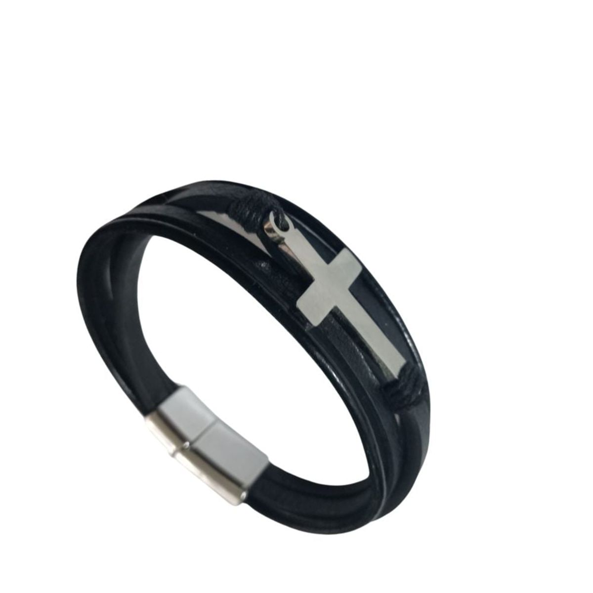 GENERICO - Pulsera Cruz Trenzada De Cuero Genuino Y Acero Inoxidable