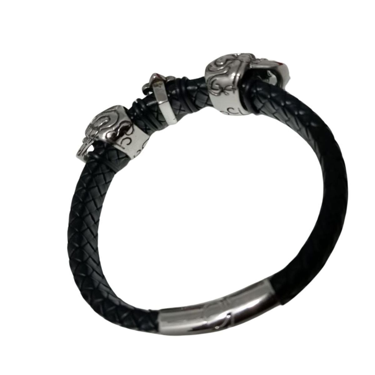 GENERICO - Pulsera Calavera Trenzada De Cuero Genuino Y Acero Inoxidable