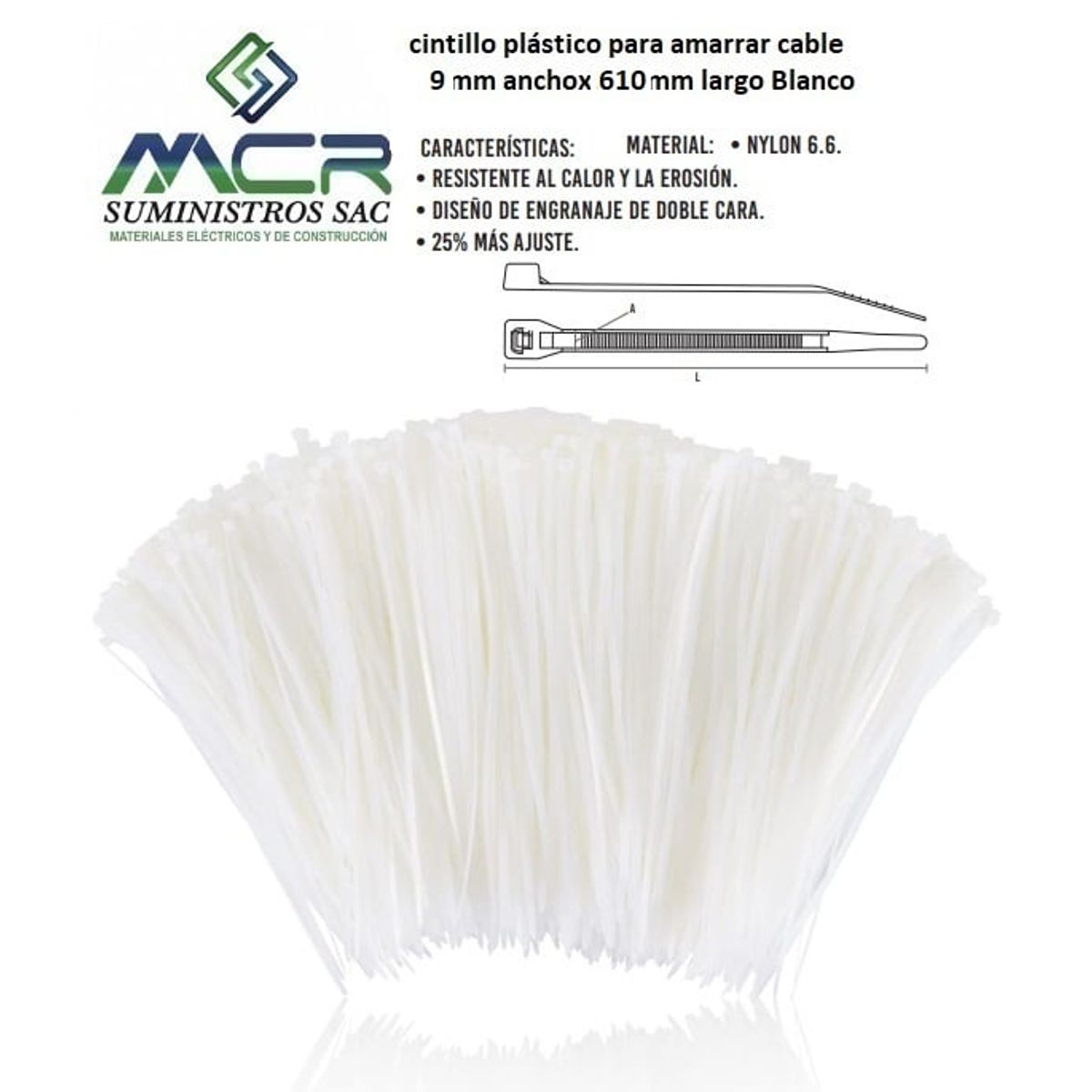 GENERICO - AMARRA CABLE CINTILLO DE 9MM DE ANCHO X 610MM DE LARGO BLANCO