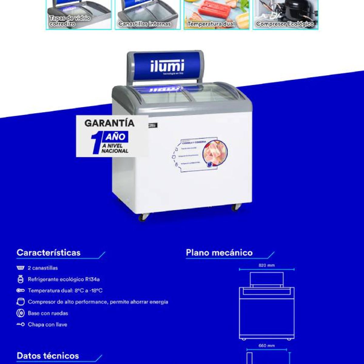 ILUMI - Congelador con tapa de vidrio de 260 litros