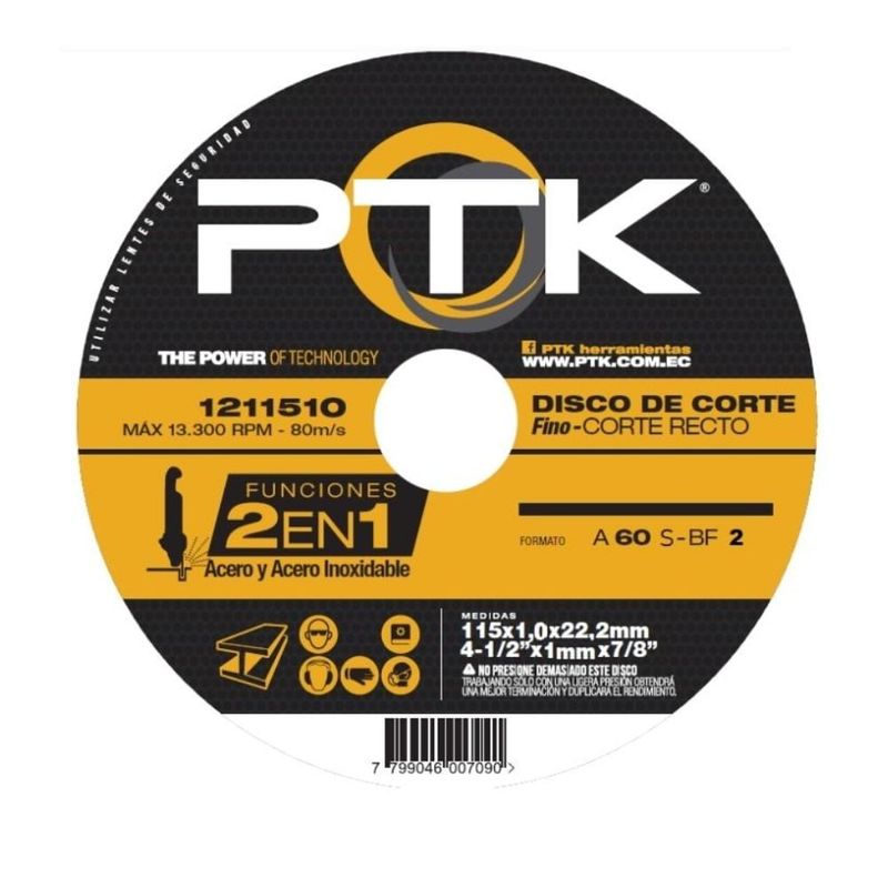 PTK - Disco de Corte Metal Acero Inox PTK 4.5" x 1mm Cod. 1211510