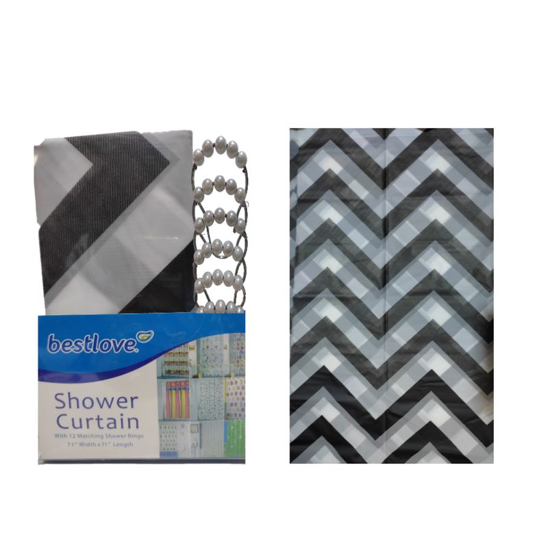 GENERICO - Cortina de ducha 180x180 con 12 ganchos diseño Rayas Negro
