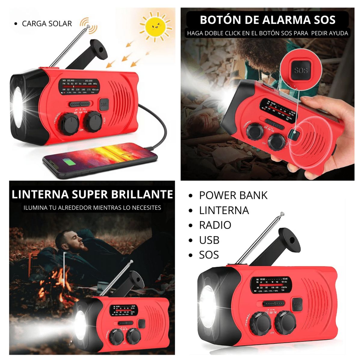 SHEEPBUSTER - Linterna Multiuso con Radio Carga Celular Luz Led Batería 2000mAh Roja