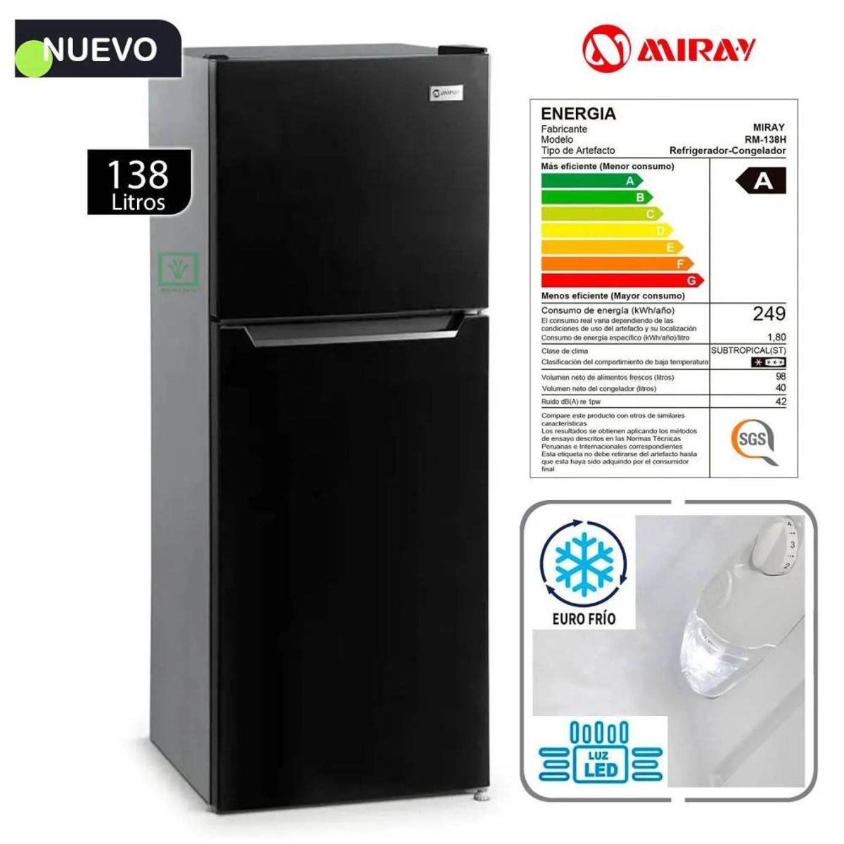 MIRAY - REFRIGERADORA MIRAY RM-138H EUROFRÍO 138L NEGRO