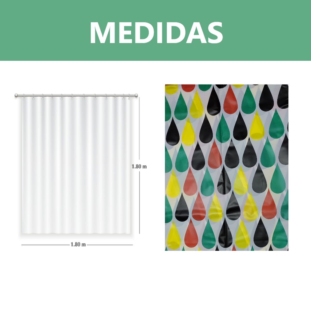 GENERICO - Cortina de ducha con 12 ganchos 180x180 - Gotas