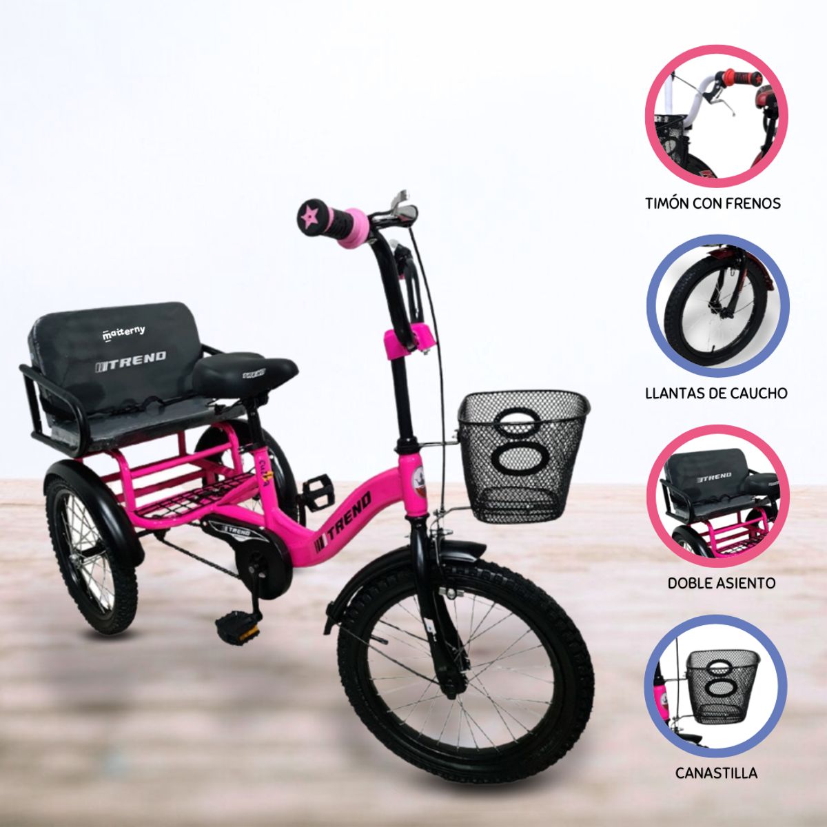 POWER KIDS - Triciclo Doble Asiento POWER KIDS «TRENO» Pink