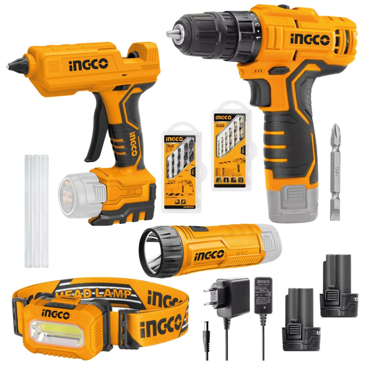 INGCO TOOLS - Kit Atornillador INGCO 12V + Pistola Silicona + Linterna COSLI22121