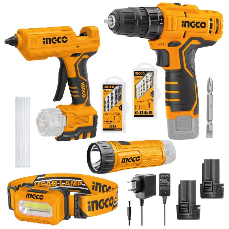 INGCO TOOLS - Kit Atornillador INGCO 12V + Pistola Silicona + Linterna COSLI22121