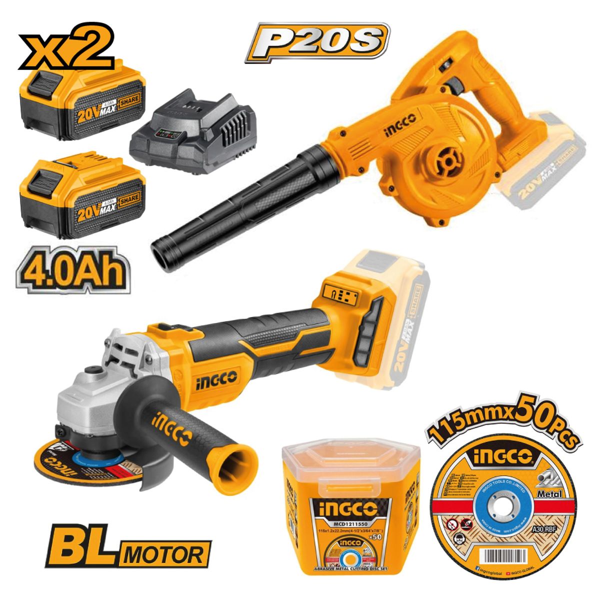 INGCO TOOLS - Kit  Amoladora + Sopladora Aspiradora INGCO 20V COSLI2211315