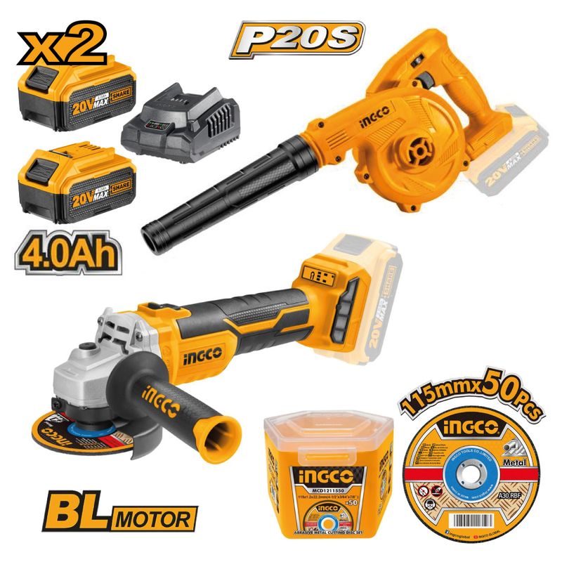 INGCO TOOLS - Kit  Amoladora + Sopladora Aspiradora INGCO 20V COSLI2211315