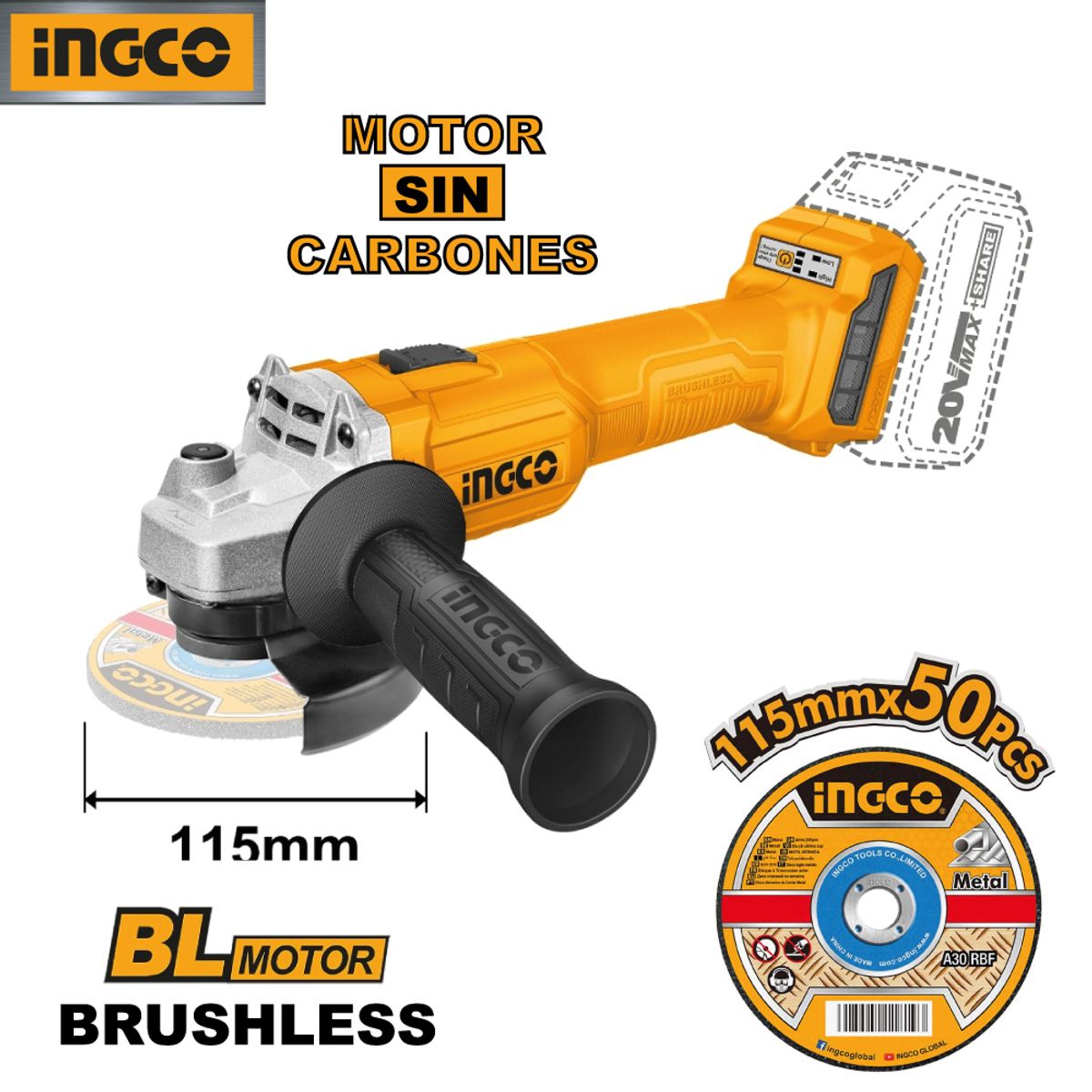 INGCO TOOLS - Kit  Amoladora + Sopladora Aspiradora INGCO 20V COSLI2211315