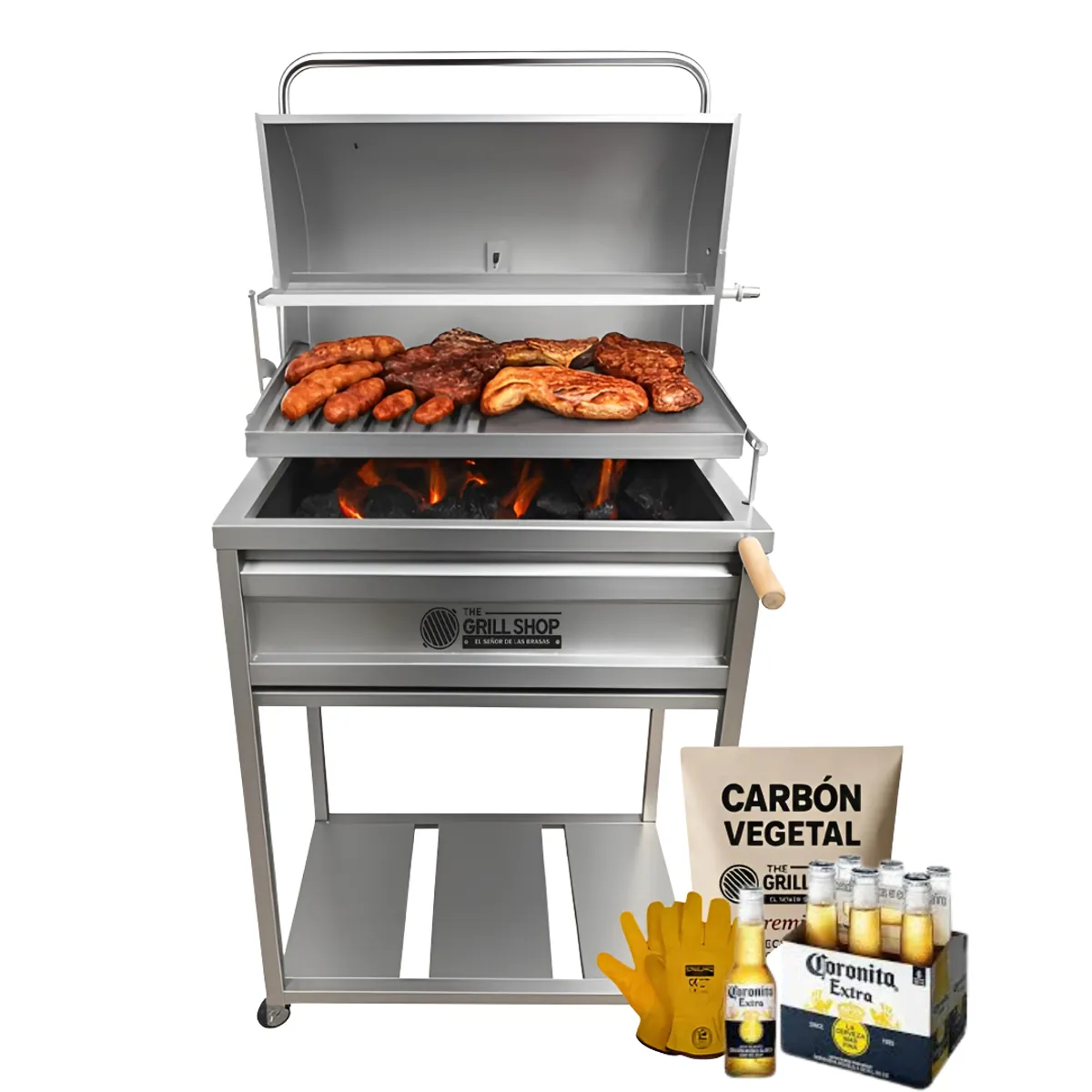 THE GRILL SHOP - Parrilla Mediana Con Tapa  Acero Inoxidable +guantes+cerveza +carbón