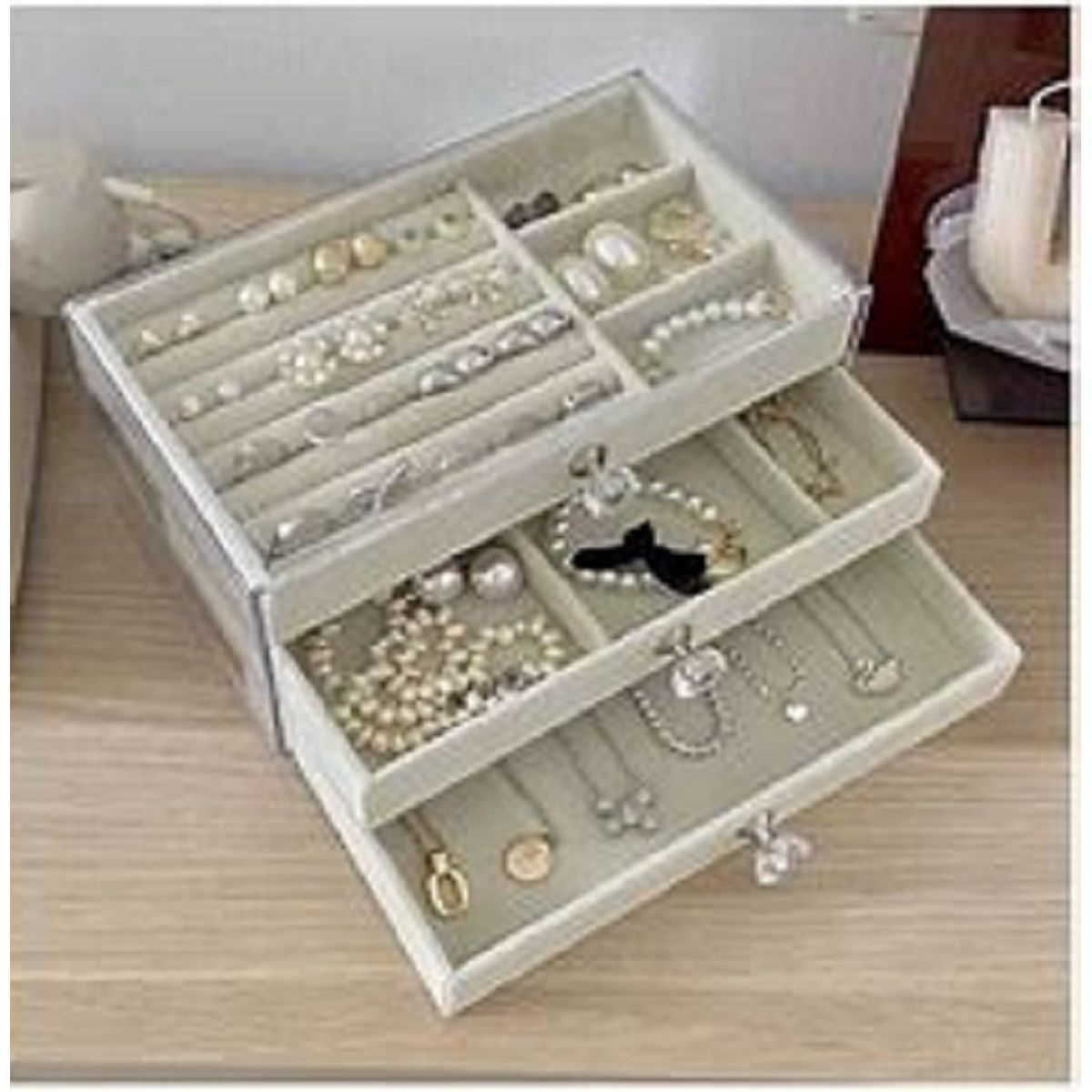 GENERICO - Joyero Organizador De Joyas Cofre Pulseras Relojes 3 Niveles Beige
