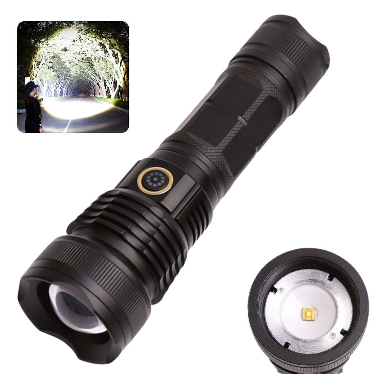 LINK - Linterna Recargable de Luz Fuerte 200M Potente USB Zoom Telescópico