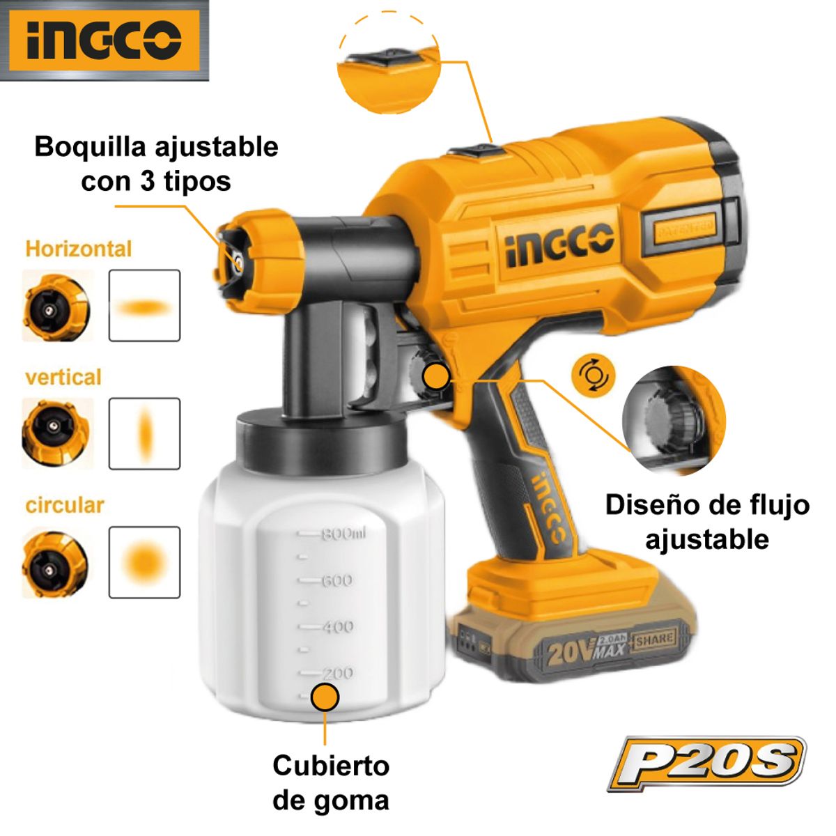 INGCO TOOLS - PISTOLA PARA PINTAR INGCO 20V 20AH + BATERÍA + CARGADOR CSGLI20406