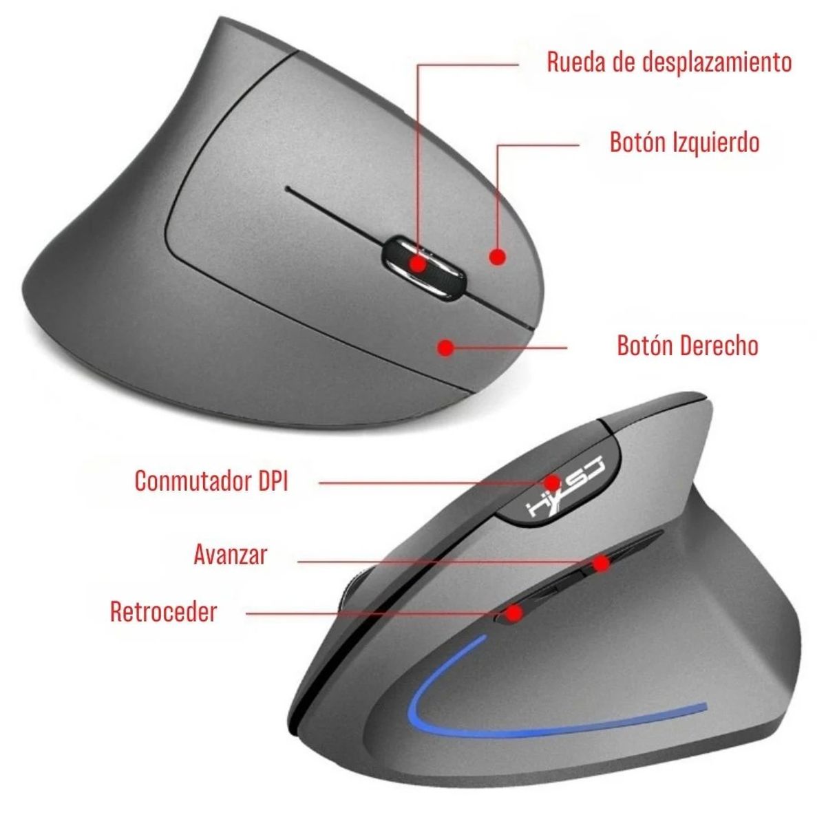 OEM - Mouse Inalambrico Recargable Ergonomico Vertical 24ghz HYXS GRIS