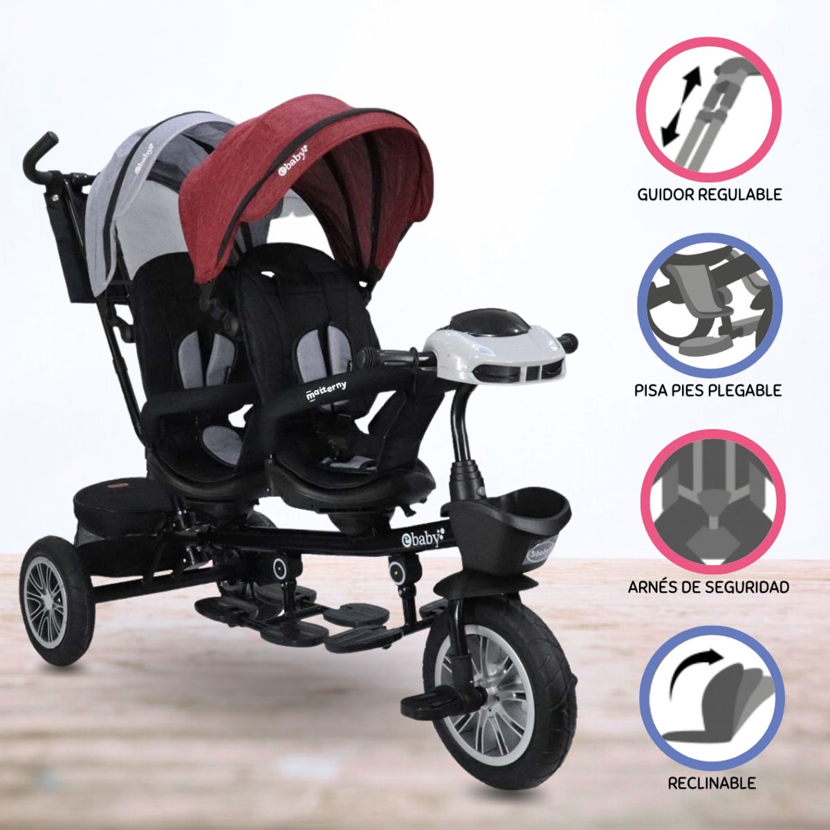 EBABY - Triciclo Guiador EBABY GEMELAR GRAYRED