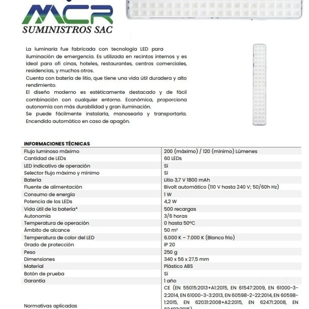 GENERICO - LAMPARA DE EMERGENCIA LED DE 200 LUMENES LUZ BLANCO FRIO IP20