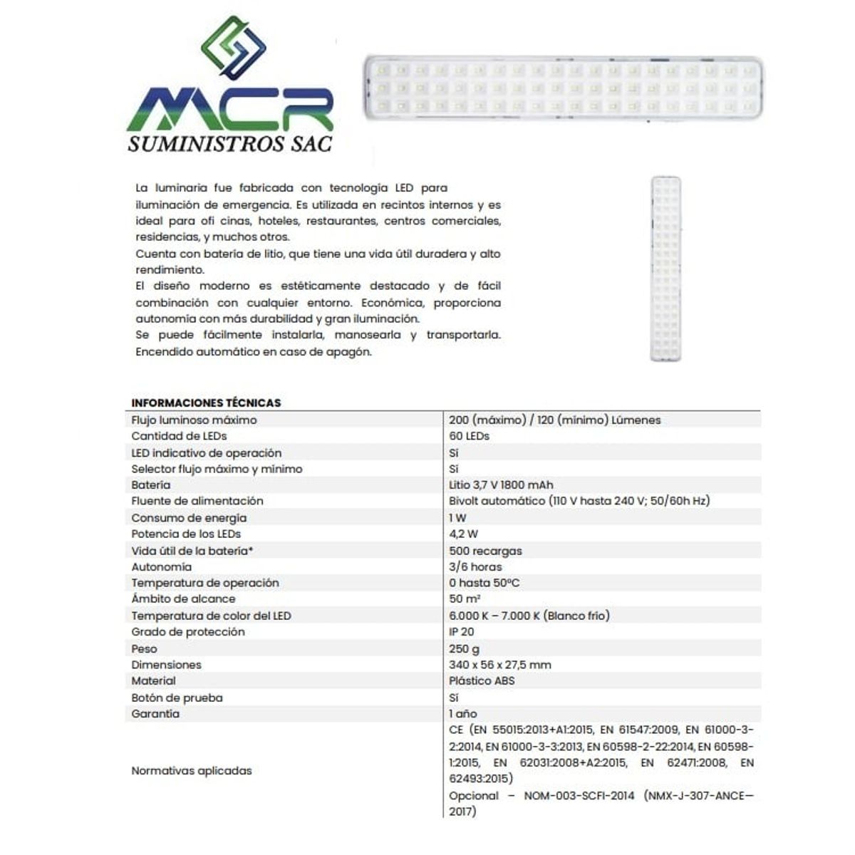 GENERICO - LAMPARA DE EMERGENCIA LED DE 200 LUMENES LUZ BLANCO FRIO IP20