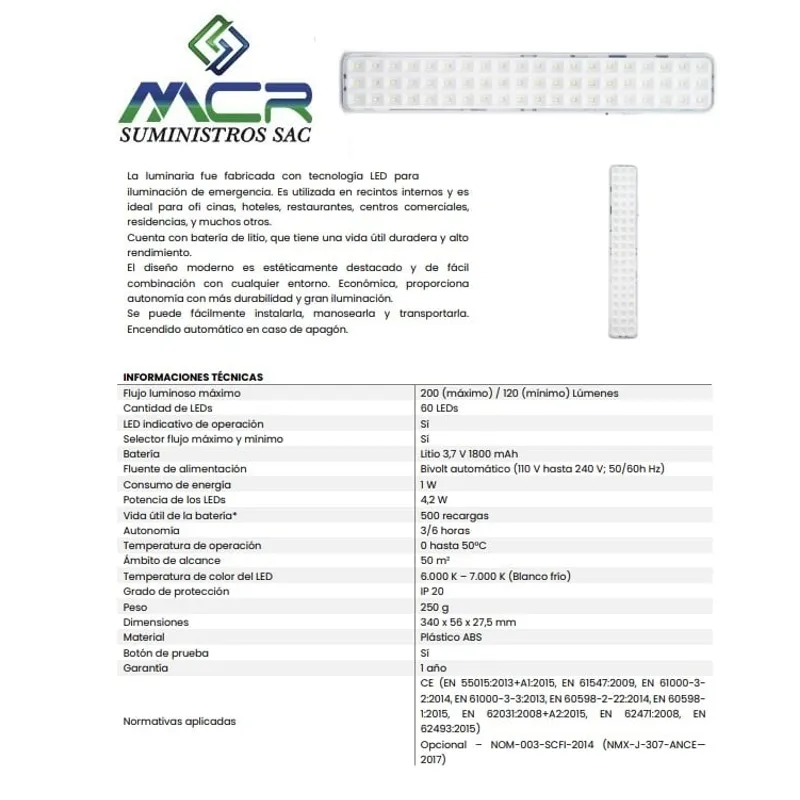 GENERICO - LAMPARA DE EMERGENCIA LED DE 200 LUMENES LUZ BLANCO FRIO IP20