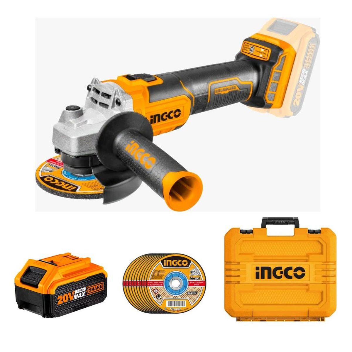 INGCO TOOLS - Amoladora Brushless Ingco 20V + 1 Batería 4.0AH + Discos